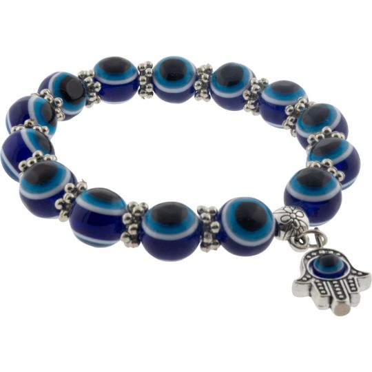 Elastic Bracelet Evil Eye Protection Cobalt Blue w/ Hanging Fatima Hand (Each)