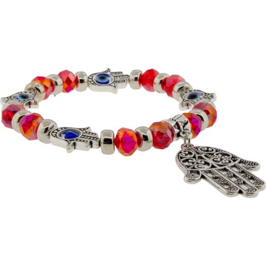 Glass Beads Elastic Bracelet Red w/ Evil Eye Fatima Hand (Each)