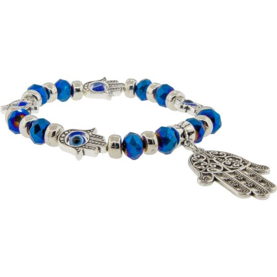 Glass Beads Elastic Bracelet Iridescent Blue w/ Evil Eye Fatima Hand (Each)