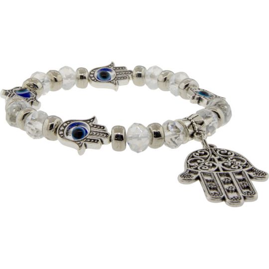 Glass Beads Elastic Bracelet Clear w/ Evil Eye Fatima Hand (Each)