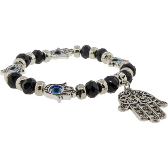 Glass Beads Elastic Bracelet Black w/ Evil Eye Fatima Hand (Each)