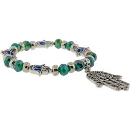 Glass Beads Elastic Bracelet Green w/ Evil Eye Fatima Hand (Each)