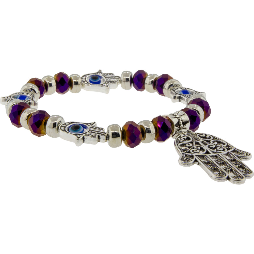 GLASS BEADS Elastic Bracelet Purple w/ Evil Eye Fatima Hand (Each)