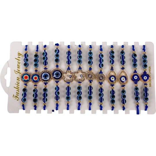 Adjustable Bracelets Blue Evil Eye w/ Gems Asstd 12 Piece Card (Each)