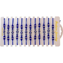Adjustable Bracelets Blue Triple Evil Eye w/ Gems 12 Piece Card (Each)