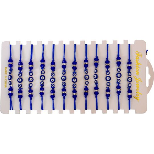 Adjustable Bracelets Blue Triple Evil Eye w/ Gems 12 Piece Card (Each)