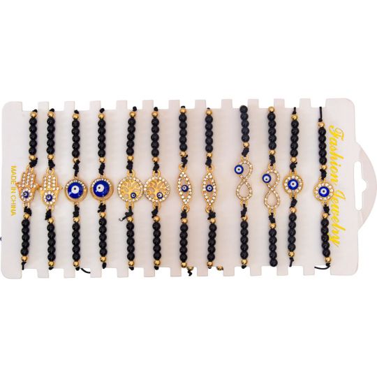 Adjustable Bracelets Black Evil Eye w/ Gems Gold Asstd 12 Piece Card (Each)