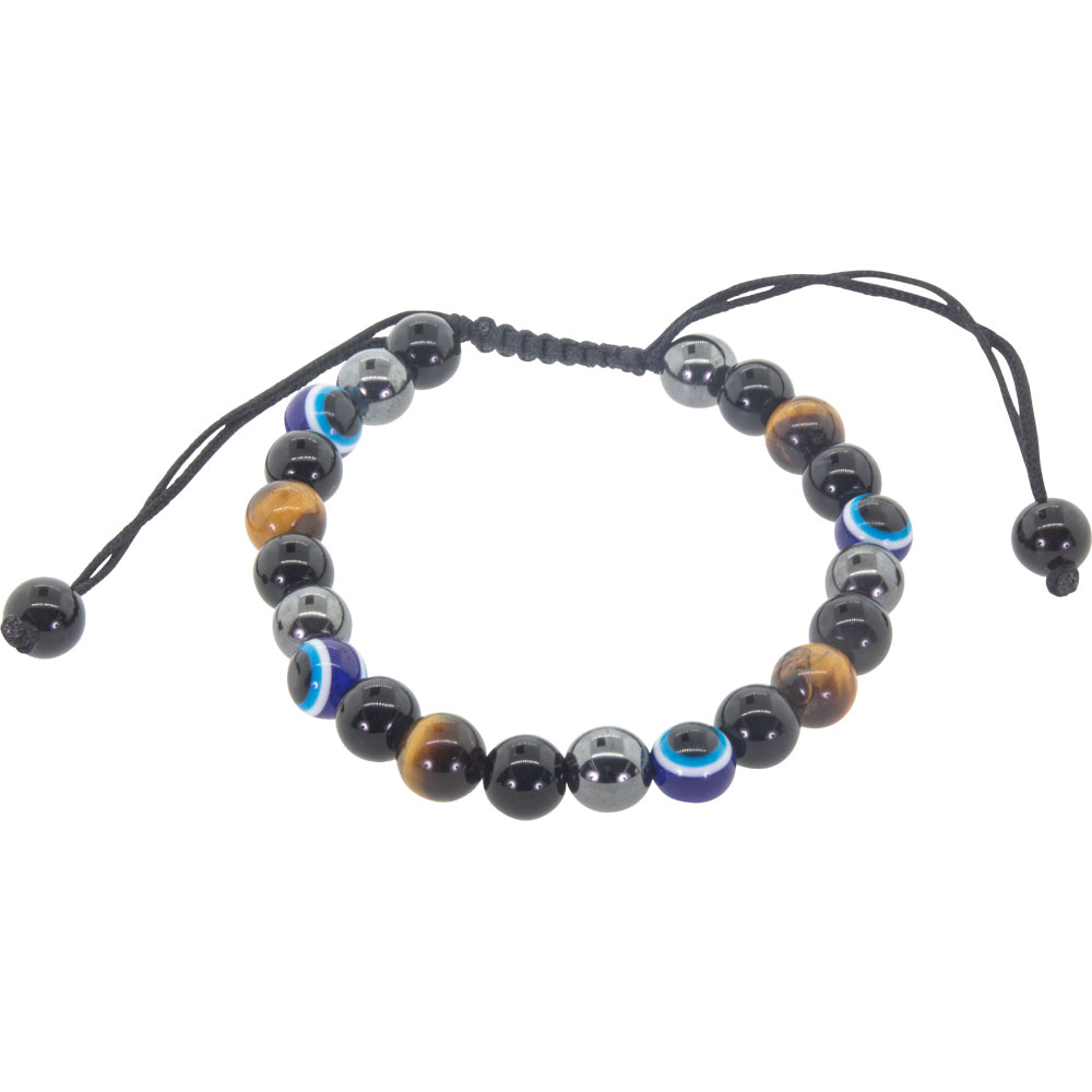 Adjustable Bracelet 8mm Round BEAD - Tiger Eye & Hematite w/ Evil Eye & Black GLASS (Each)