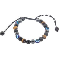 Adjustable Bracelet 8mm Round Bead - Tiger Eye & Hematite w/ Evil Eye & Black Glass (Each)
