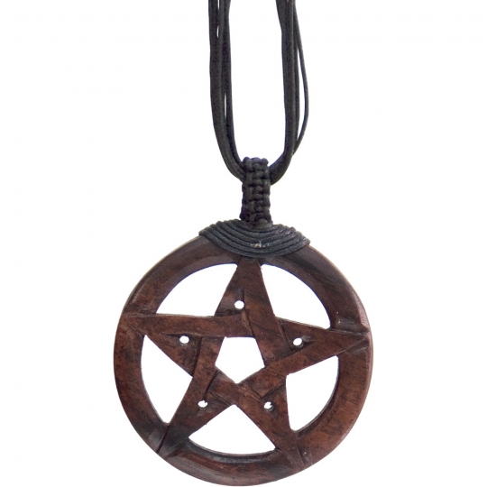 Unisex Wood Pendant w/Black Cord - Pentacle (each)