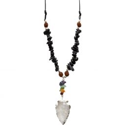 Black Tourmaline & Chakra Chip Necklace w/ Clear Quartz Arrowhead (Each)