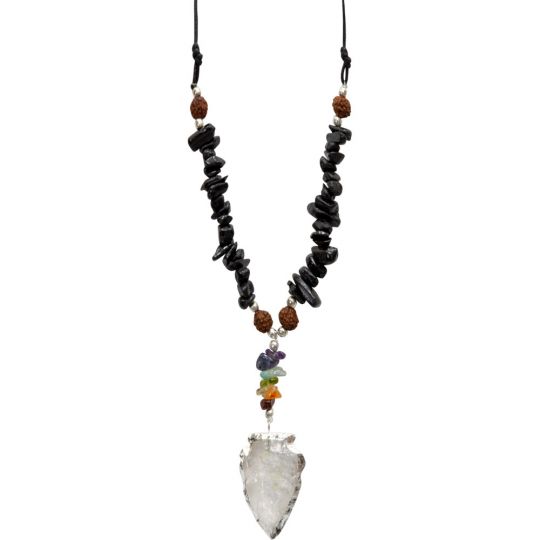 Black Tourmaline & Chakra Chip Necklace w/ Clear Quartz Arrowhead (Each)