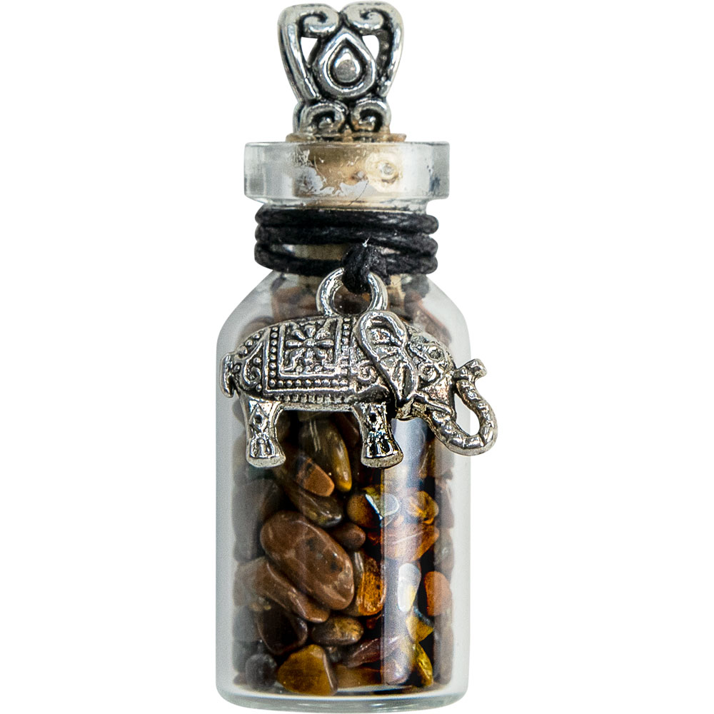 Gemstone Chip Bottle NECKLACE - Tiger Eye w/ Elephant (Each)