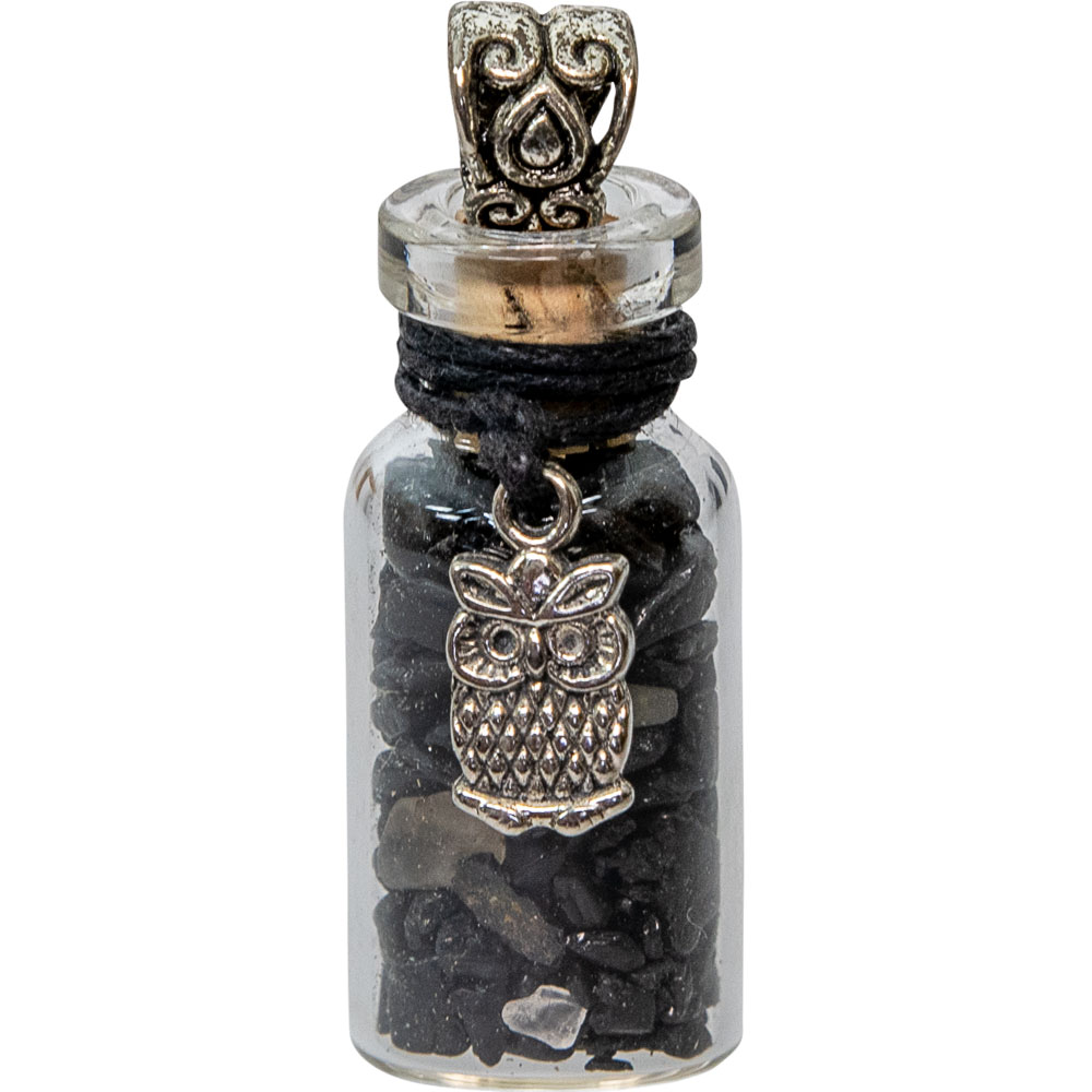 Gemstone Chip Bottle NECKLACE - Black Tourmaline w/ Owl (Each)