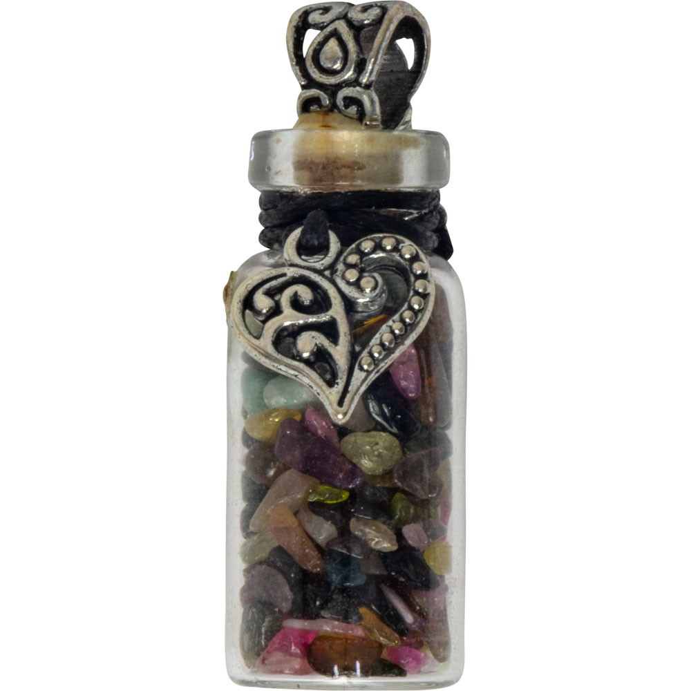 Gemstone Chip Bottle NECKLACE  - Tourmaline w/ Heart (Each)