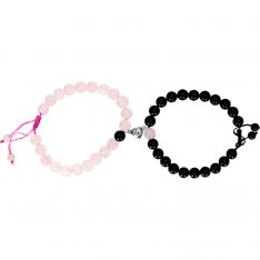 Adjustable Magnetic Couples Bracelet 8mm Round Rose Quartz & Black Obsididan w/  Heart (Set of 2)