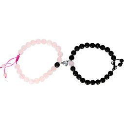 Adjustable Magnetic Couples Bracelet 8mm Round Rose Quartz & Black Obsididan w/  Heart (Set of 2)