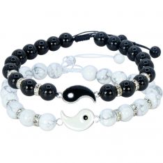 Adjustable Couples Bracelet 8mm Round - Howlite & Black Obsididan w/ Ying Yang (Set of 2)