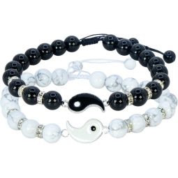 Adjustable Couples Bracelet 8mm Round - Howlite & Black Obsididan w/ Ying Yang (Set of 2)
