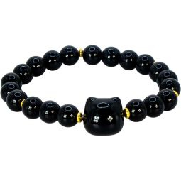 Elastic Bracelet 8mm Round - Black Obsidian w/ Cat (Each)