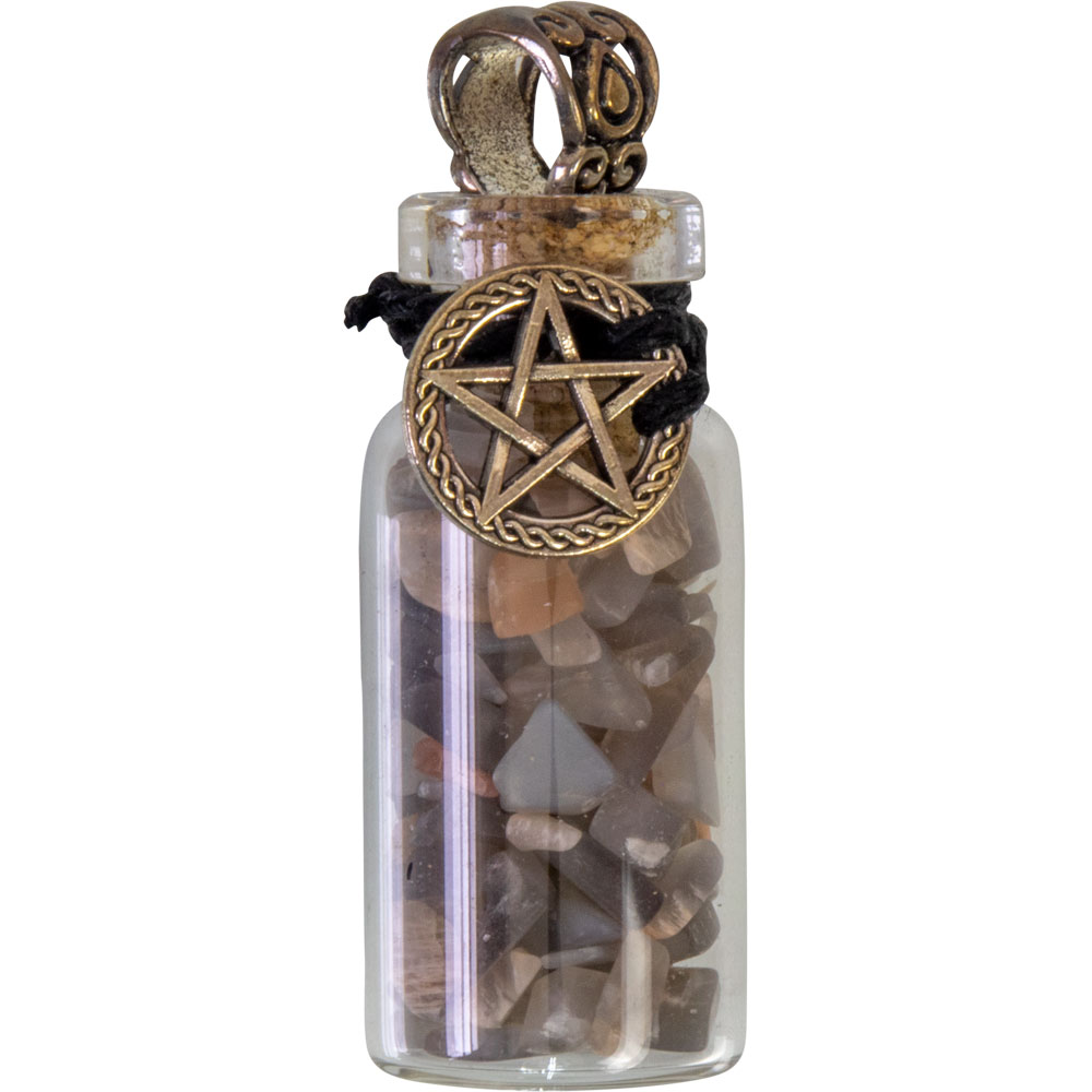 Gemstone Chip Bottle NECKLACE - Black Moonstone w/ Pentacle (Each)