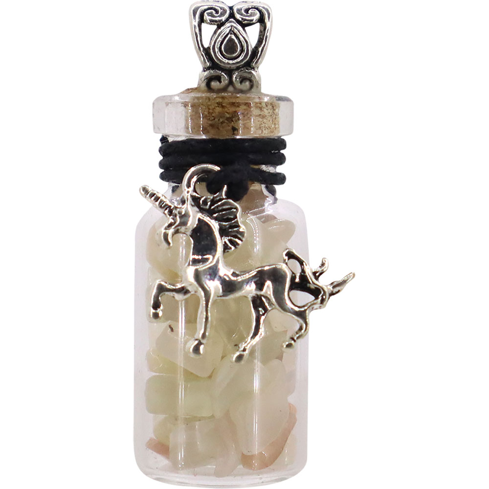 Gemstone Chip Bottle Necklace - Multi Moonstone w/ UNICORN (Each)