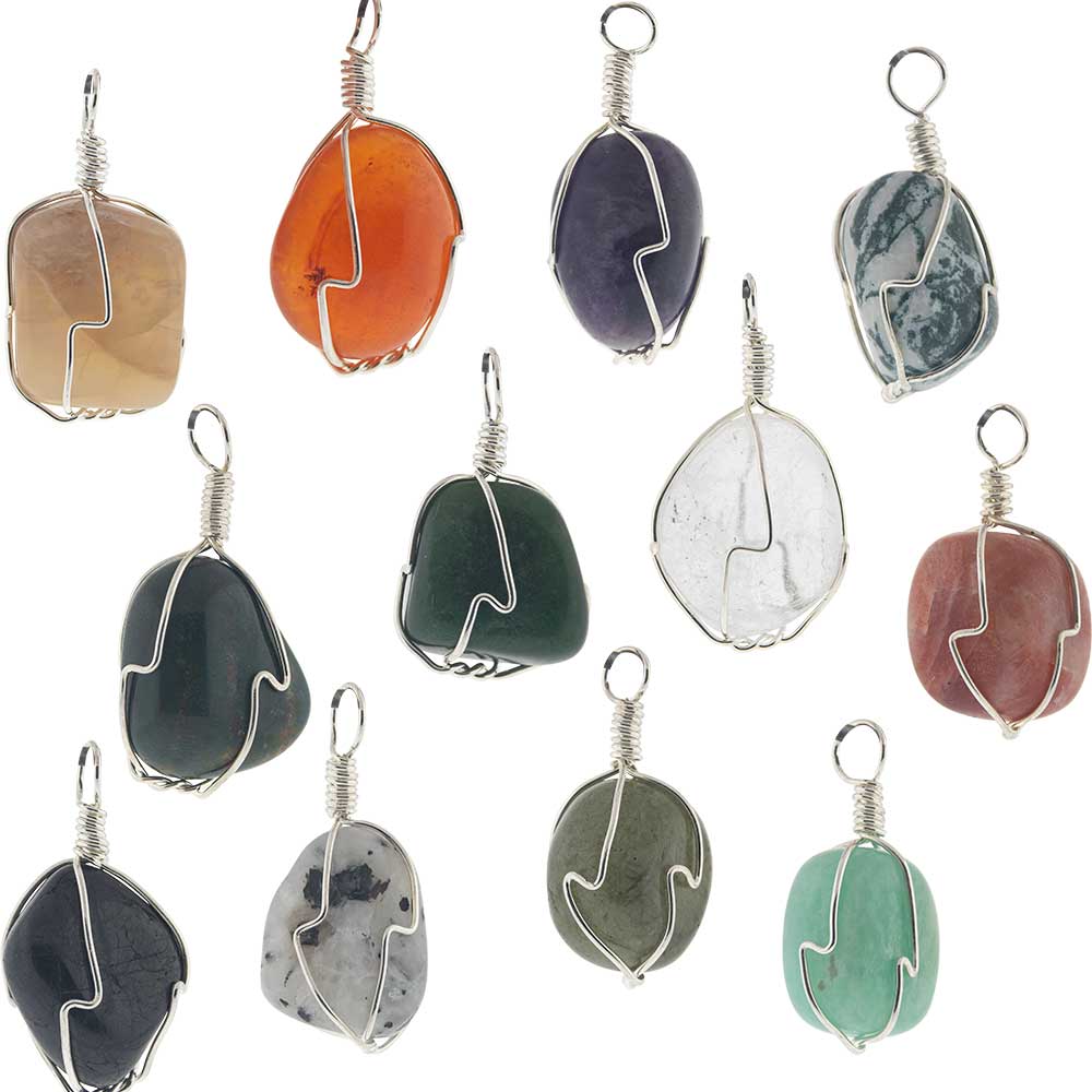 Large Wire Wrapped Tumbled Stone PENDANTs - Asst'd Stones (Pack of 12)