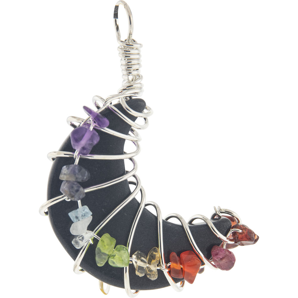 Wire Wrapped Crescent Moon PENDANT w/ Chakra Chips  - Black Agate (Each)