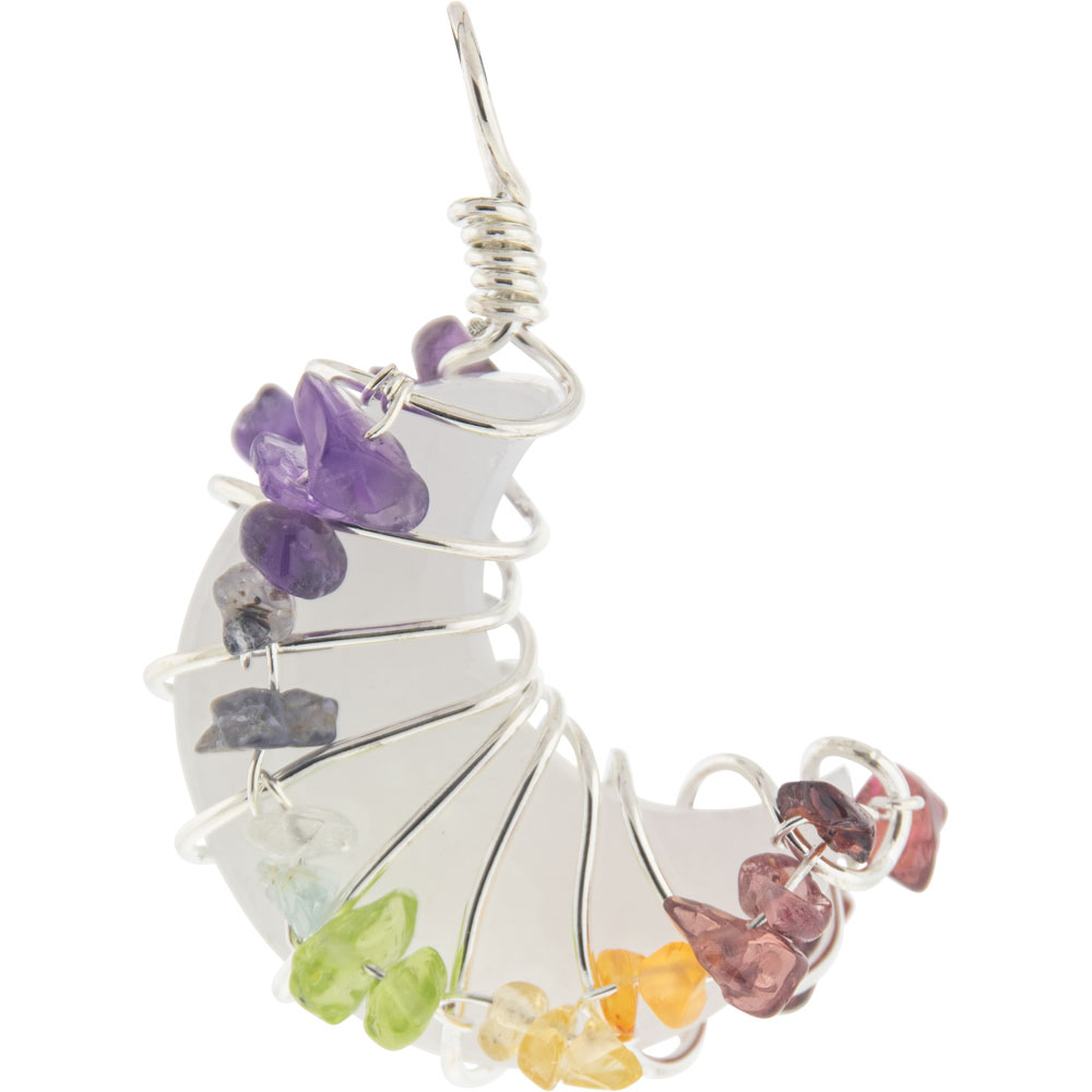 Wire Wrapped Crescent Moon PENDANT w/ Chakra Chips  - White Agate (Each)