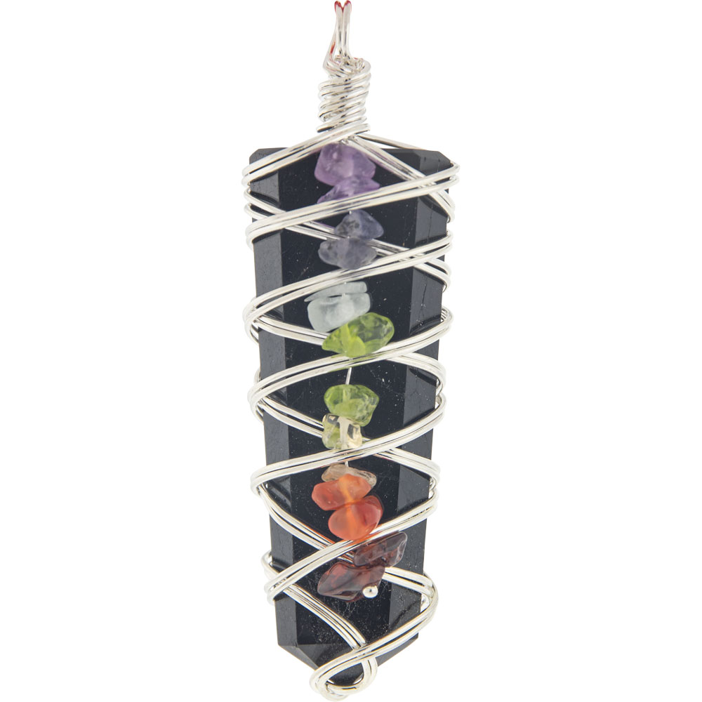 Wire Wrapped Flat PENCIL Point Pendant w/ Chakra Chips? - Tourmaline (Each)