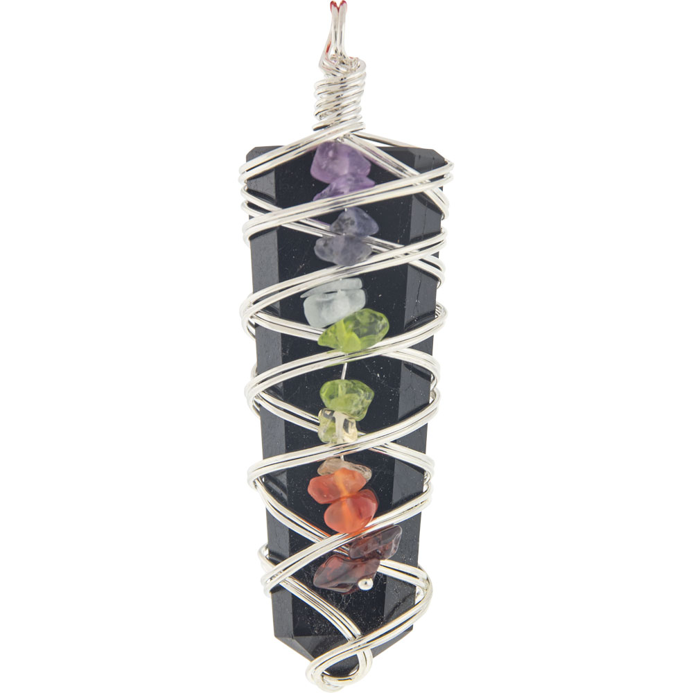 Wire Wrapped Flat Pencil Point PENDANT w/ Chakra Chips? - Tourmaline (Each)