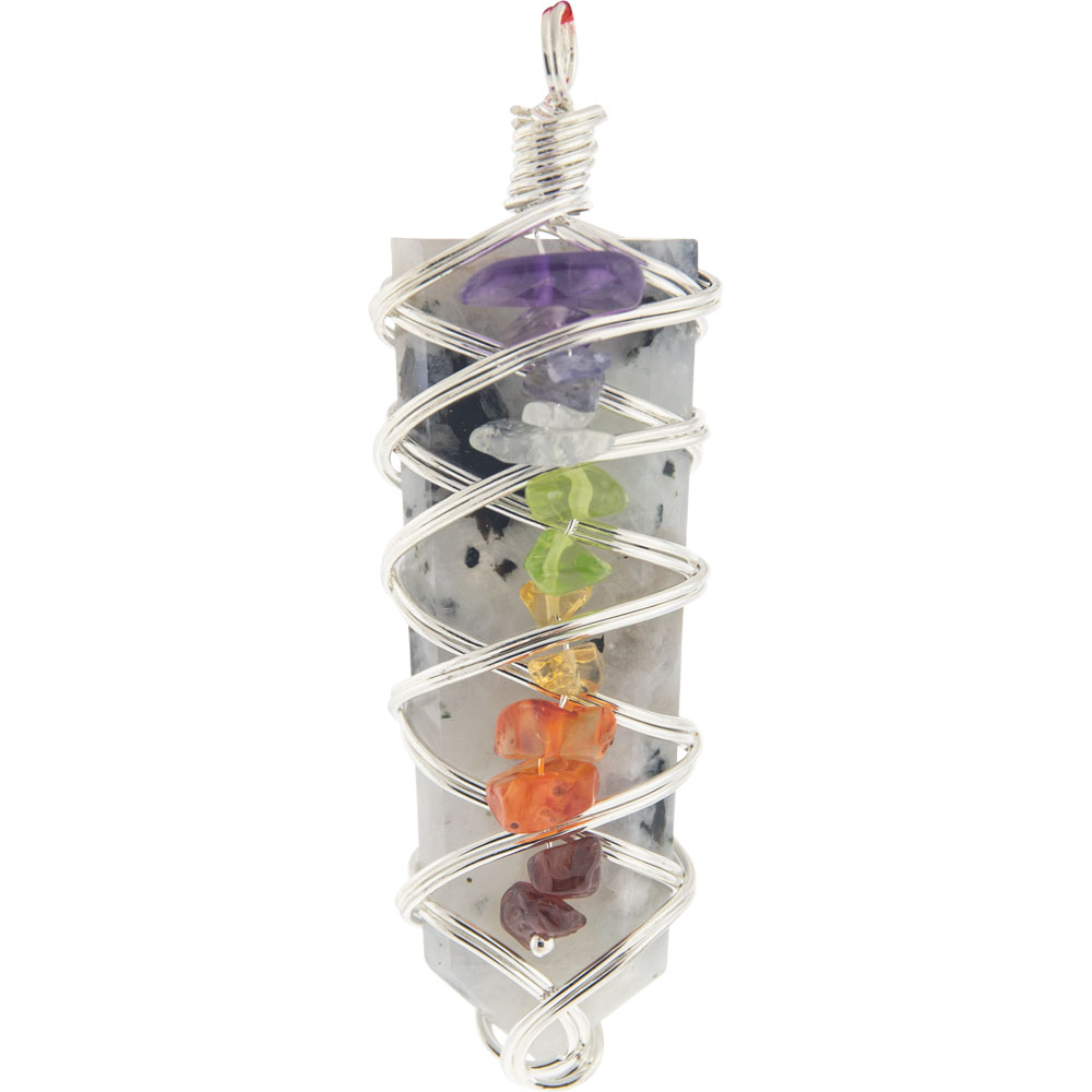 Wire Wrapped Flat PENCIL Point Pendant w/ Chakra Chips - Rainbow Moonstone (Each)