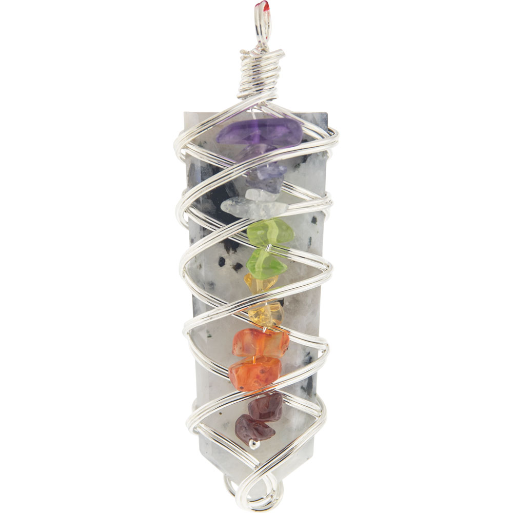 Wire Wrapped Flat Pencil Point PENDANT w/ Chakra Chips - Rainbow Moonstone (Each)