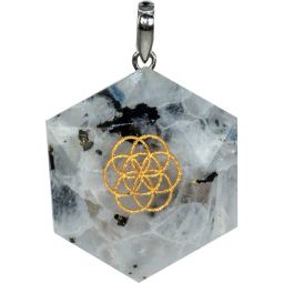Gemstone Pendant Faceted Hexagon Seed of Life - Rainbow Moonstone (Each)