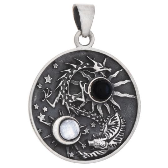 Dragon Tiger 2 Stones Yin Yang Pendant w/ Black Onyx and Rainbow Moonstone