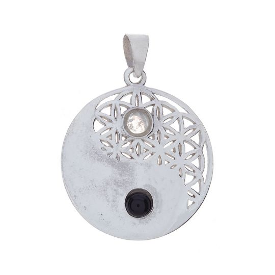 Flower of Life Large 2 Stones Yin Yang Pendant w/ Black Onyx and Rainbow Moonstone