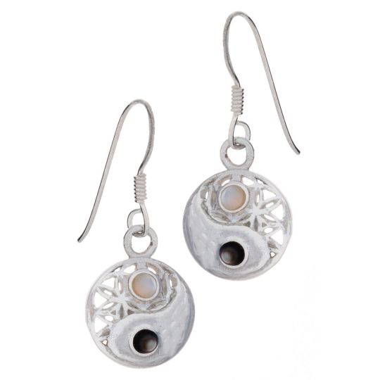Flower of Life 2 Stones Yin Yang Earrings w/ Black Onyx and Rainbow Moonstone