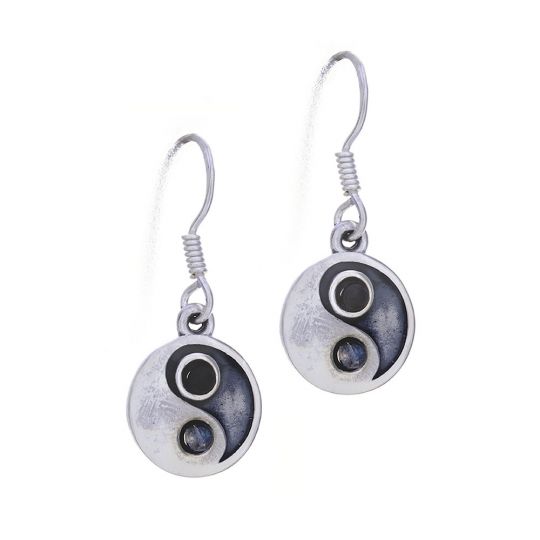 Traditional 2 Stones Yin Yang Earrings w/ Black Onyx and Rainbow Moonstone