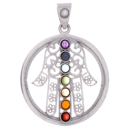 Fatima Hand Chakra Pendant w/semi precious stones
