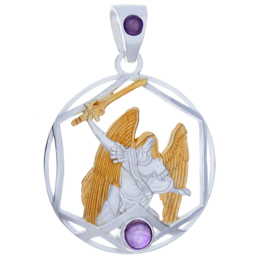 Archangel Michael Gold Plated Pendant w/Amethyst Kheops International