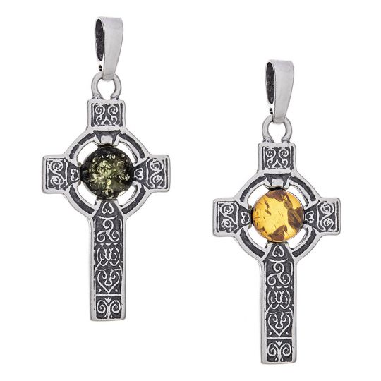 Trisquele Long Celtic Cross Pendant - Amber Accent