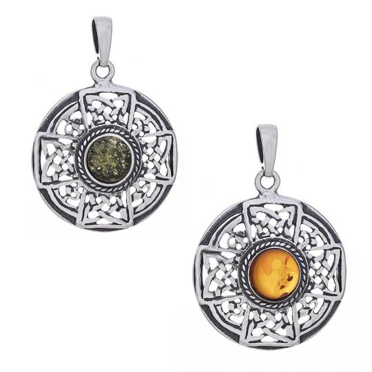 Triquetra Shield Celtic Cross Pendant - Amber Accent