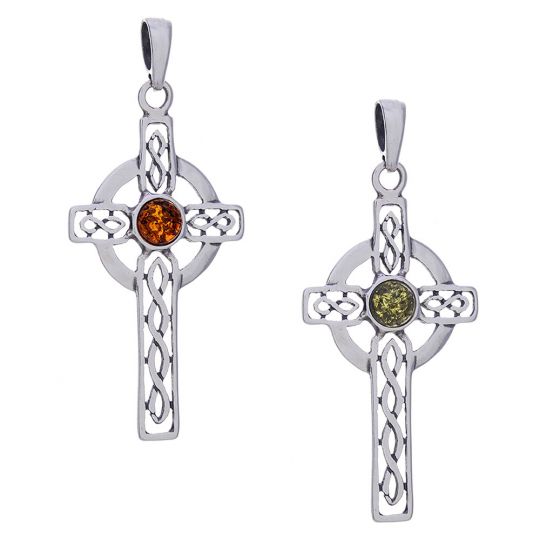 Filigree Long Celtic Cross Pendant - Amber Accent