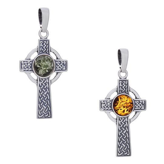 Double Weaved Braid Long Celtic Cross Pendant - Amber Accent