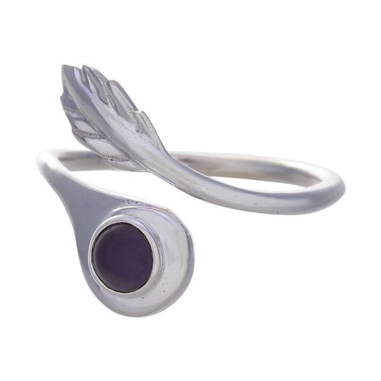 Amethyst Round Cab Feather Adjustable Ring - Size 8
