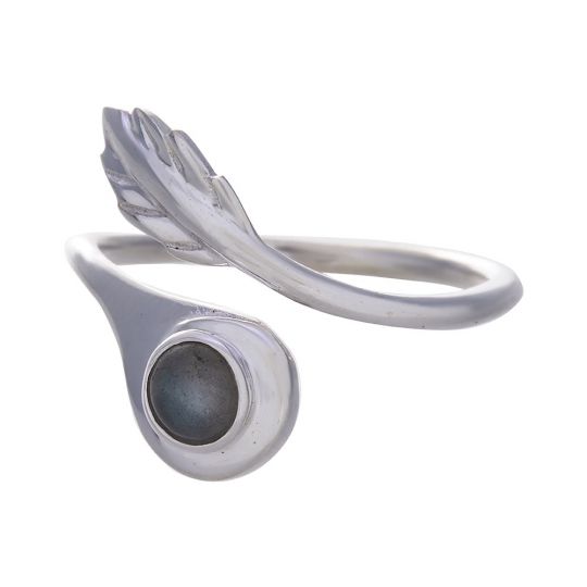 Labradorite Round Cab Feather Adjustable Ring - Size 5