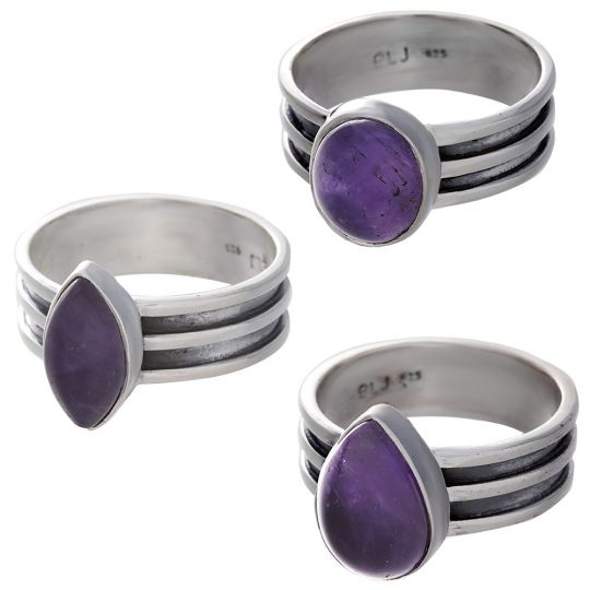 Amethyst Cab. Assorted Shapes Triple Band Ring - Size 6 (10mm to 14mm H)