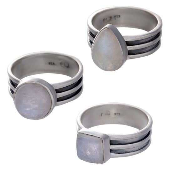 Rainbow Moonstone Cab.  Assorted Shapes Triple Band Ring - Size 9 (9mm to 11mm H)